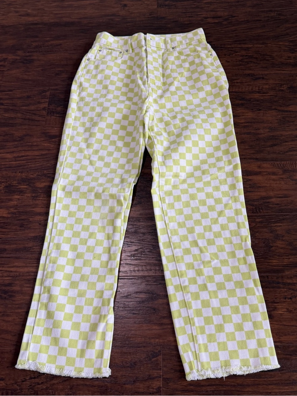 PacSun Women's Green & White Checkered High Rise Straight Cut-Off Jeans Size 26